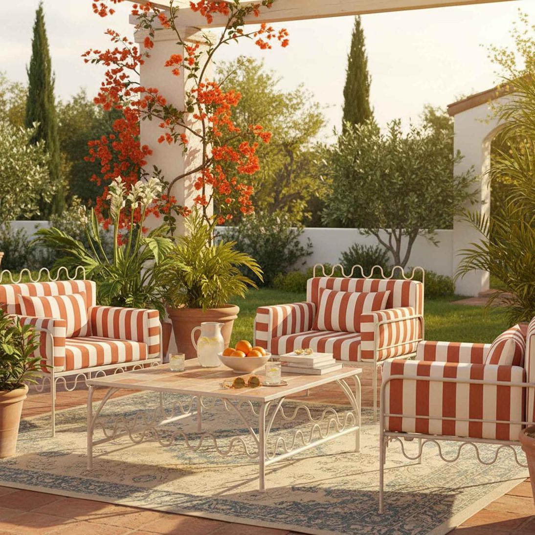 Wavery Arm Chair Outdoor Terracotta/White Stripe Cushions