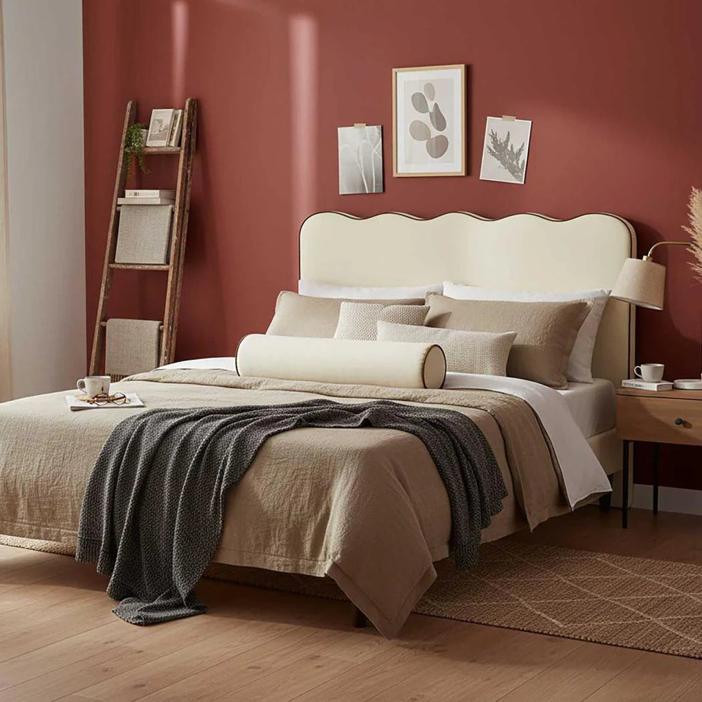 Amara Bedhead King Ivory with Chocolate Piping